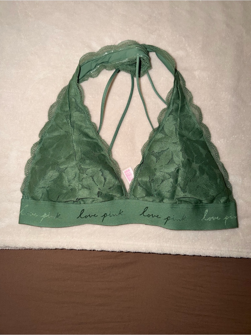 PINK Victoria's Secret Olive Green Lace Halter Bralette